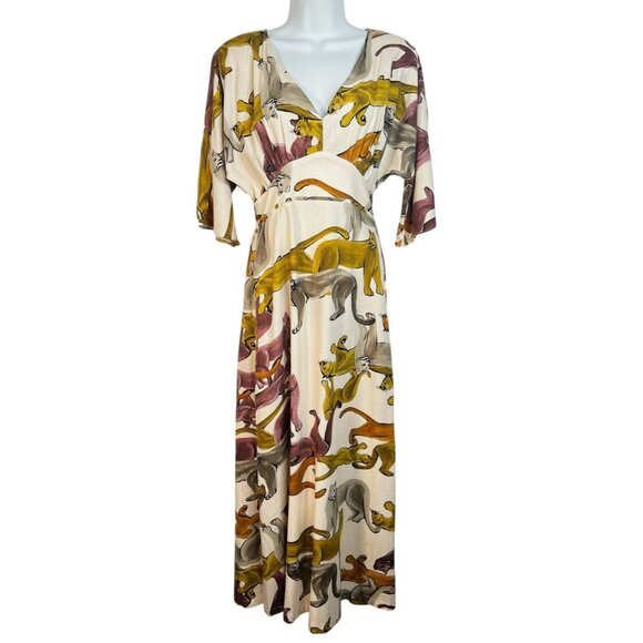 cortelle Puma Print Linen Midi Dress Dolman Sleeve Lions Panther Cat Print XS - Picture 3 of 10